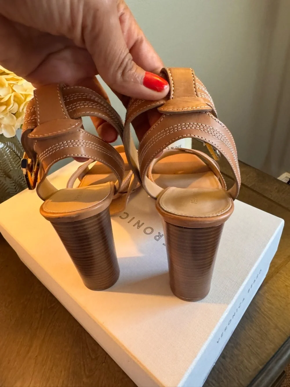 Veronica Beard Tan Leather Block-Heel Sandals with Gold Buckle - Picture 8 of 11